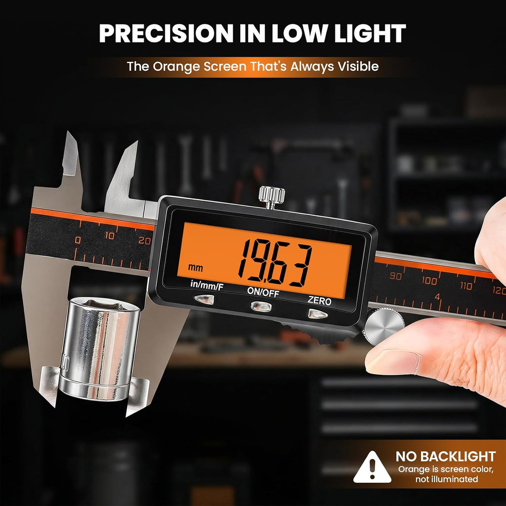 HARDELL Digital Caliper 12" USB-C Charging – Orange Display, Non-Backlit