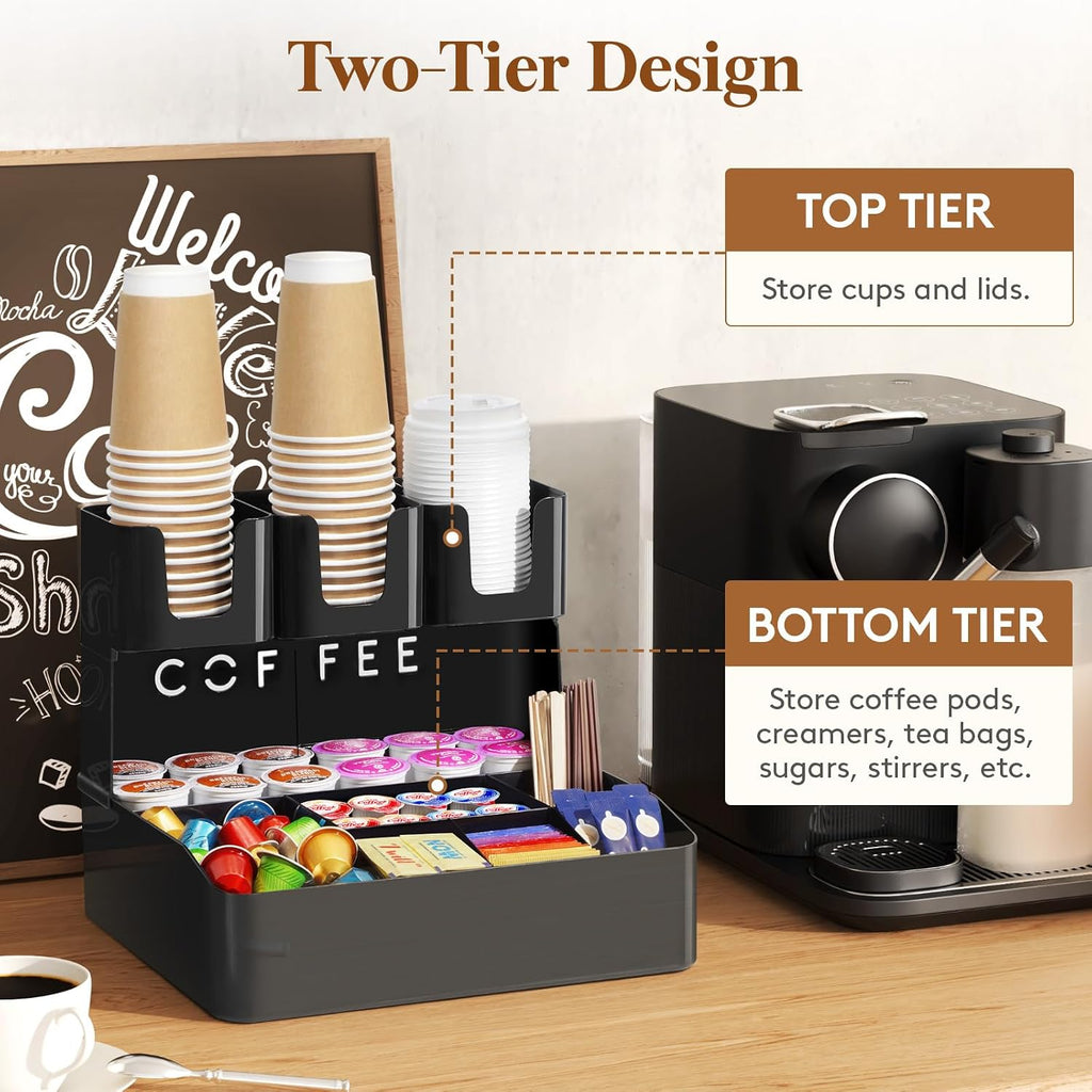 2-tier Coffee Station Organizer, 10 Compartments, Black, Plastic