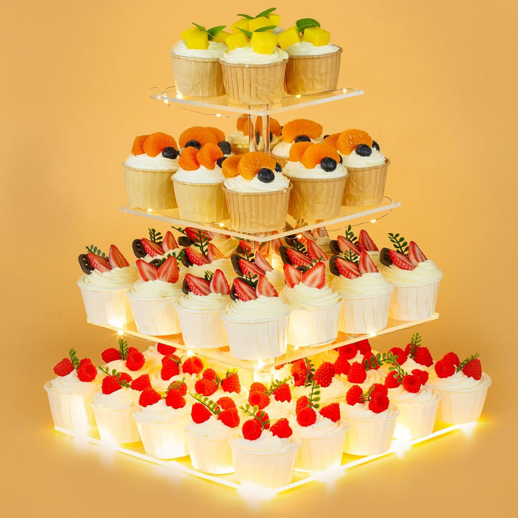 4 Tier Premium Cupcake Stand Cupcake Holder, Acrylic Cupcake Tower with LED Yellow Light for Cupcakes, Dessert Table