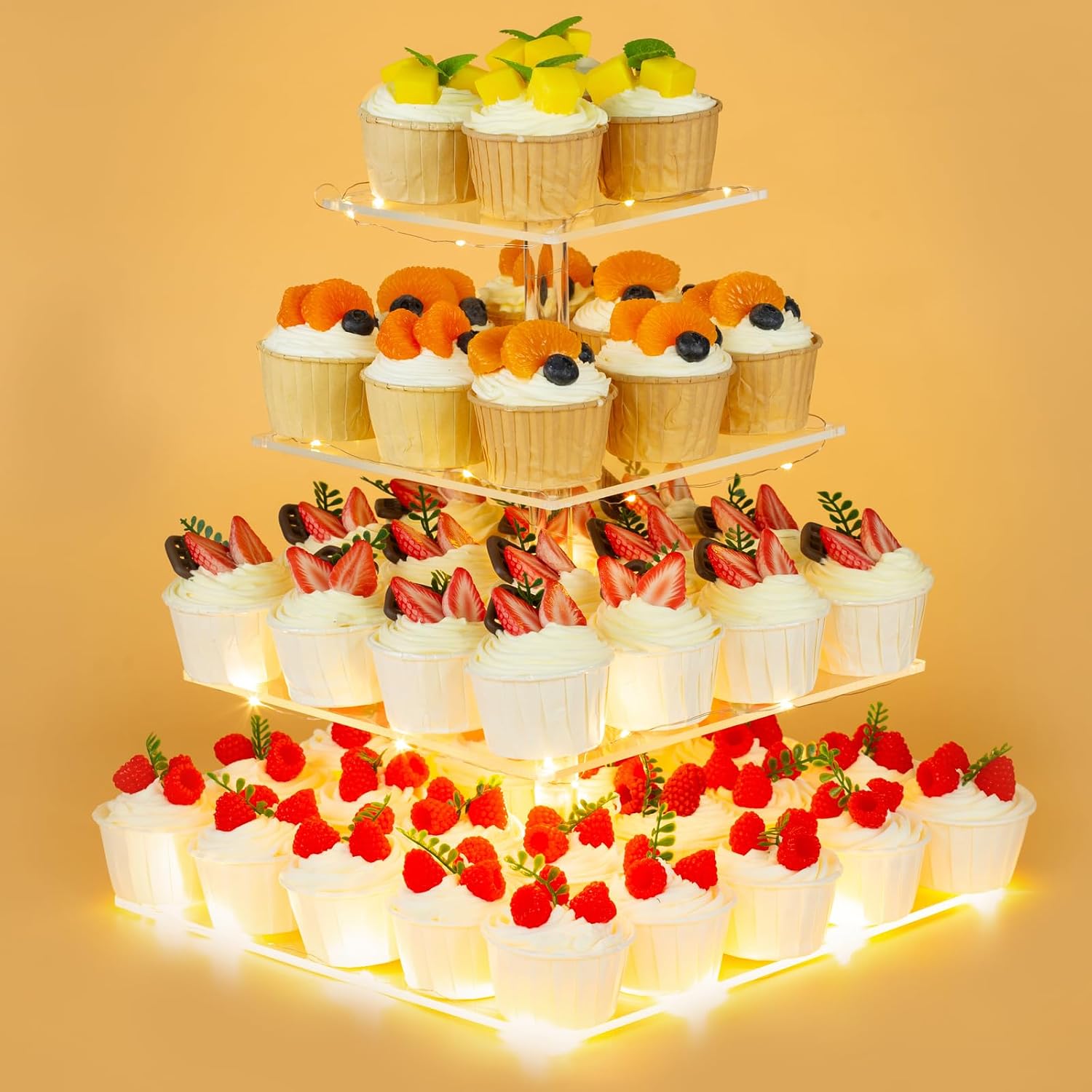 4 Tier Premium Cupcake Stand Cupcake Holder, Acrylic Cupcake Tower with LED Yellow Light for Cupcakes, Dessert Table