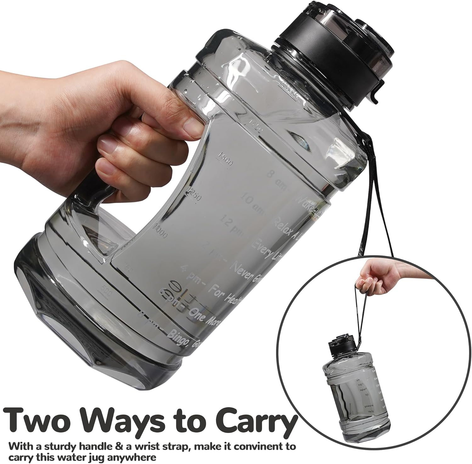 Half Gallon Water Bottle with Time Marker，74oz Water Jug BPA Free | Strap & Handle Large-Capacity Leakproof Water