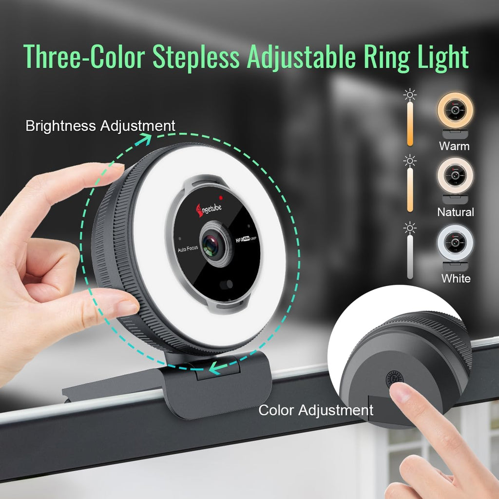 Streaming Webcam with Microphone, USB 1080P Web Cam w/Ring Light | Remote Control, 1080P@60FPS, 5X Digital Zoom