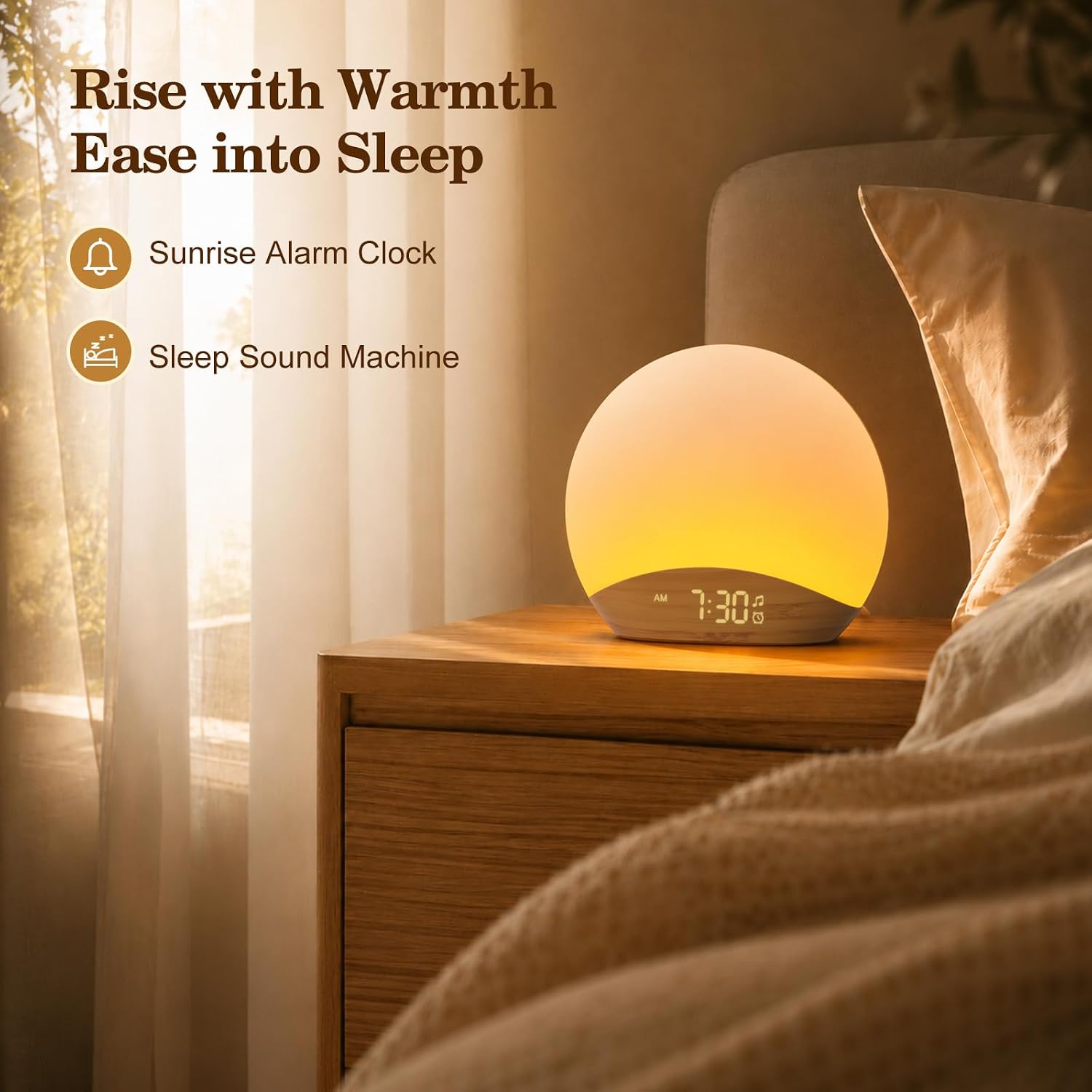 Wood Grain Sunrise Alarm Clock and Sound Machine Nightlight | Digital Dimmable Clock for Bedroom, 26 Sleep Sounds