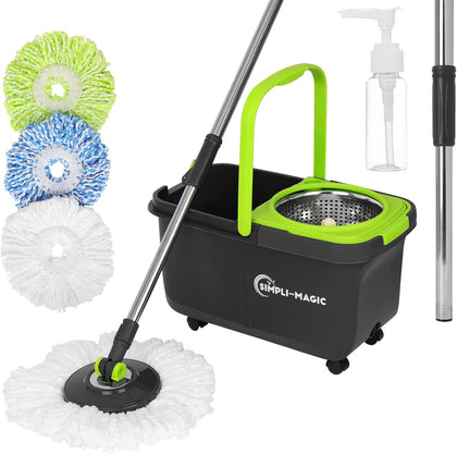 360° Spin Mop and Bucket with Wringer – 3 High-Absorbent Microfiber Washable Heads, Soap Dispenser – Spinning Mop and