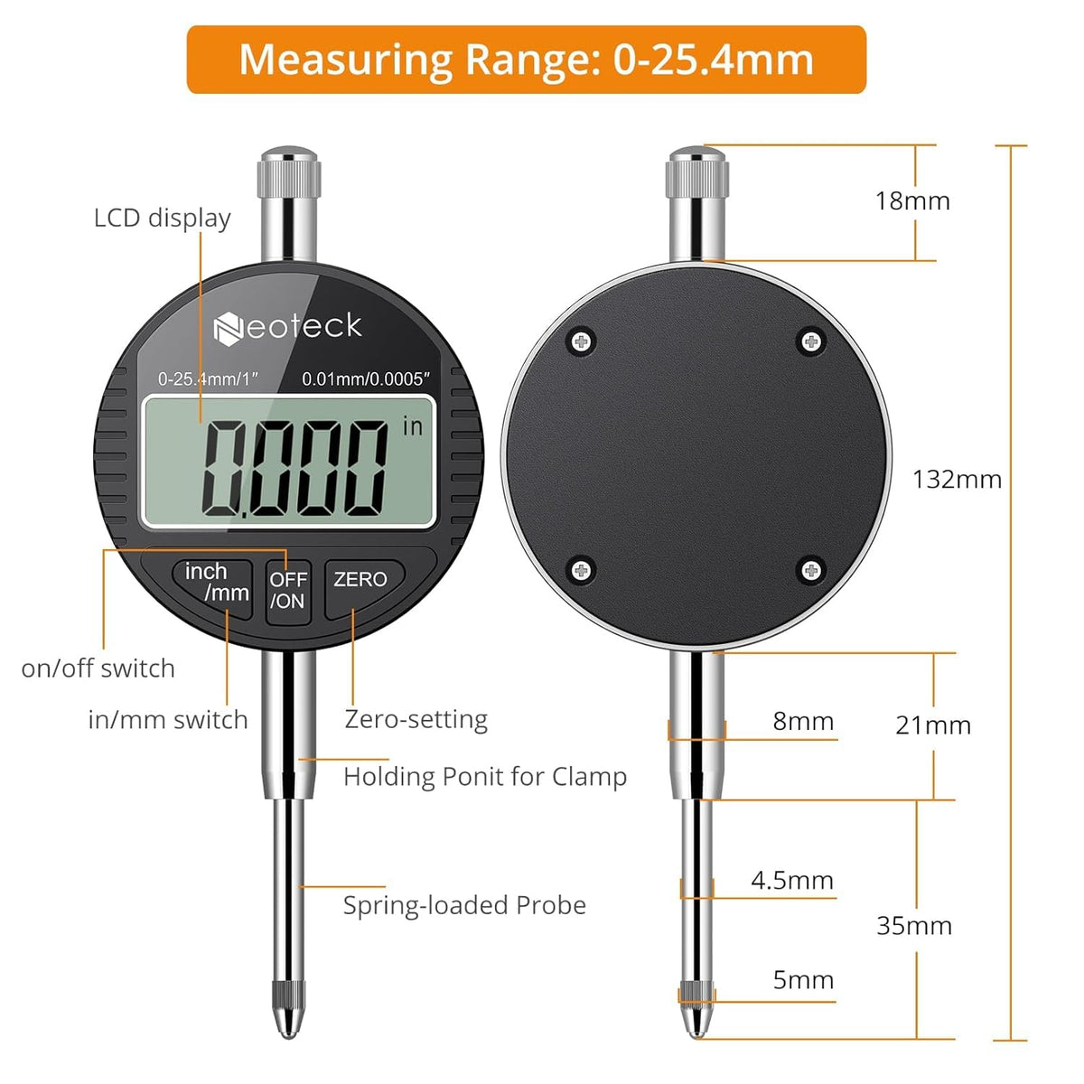 Neoteck Digital Dial Indicator Gauge and Magnetic Base Set, Storage Case