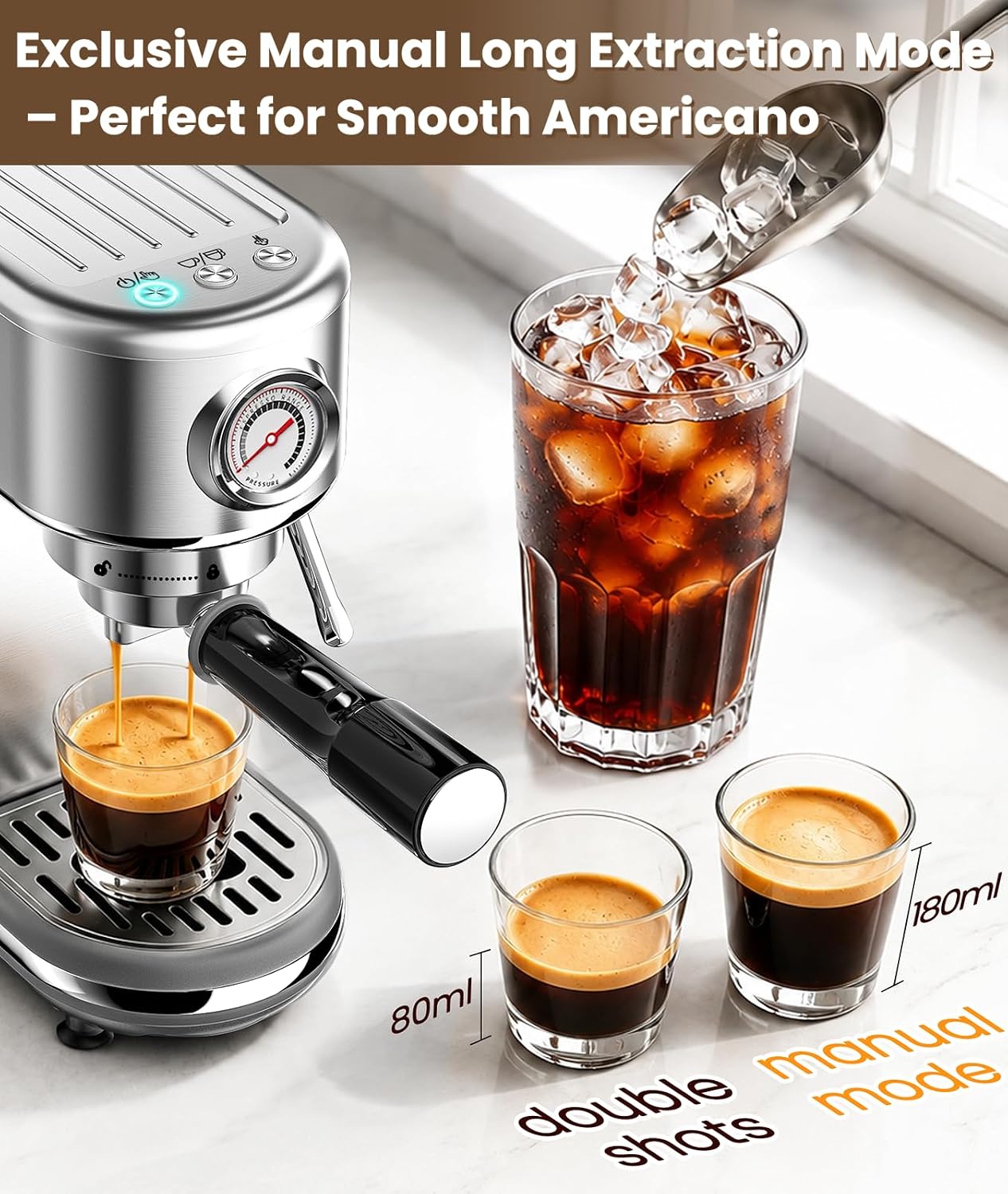Espresso Machine with Milk Frother, 20 Bar Pressure Espresso Maker | with 44OZ Removable Tank, Compact Stainless