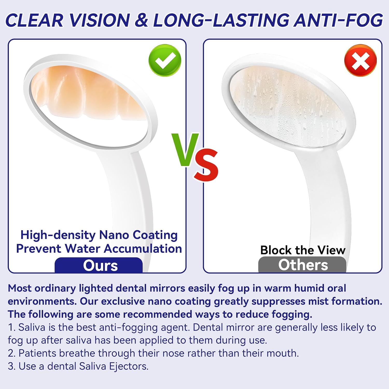 Dental Mirror for Teeth with Light Anti Fog Dentist Mouth Mirror, Reusable Plastics Dentist Mirror with Replaceable