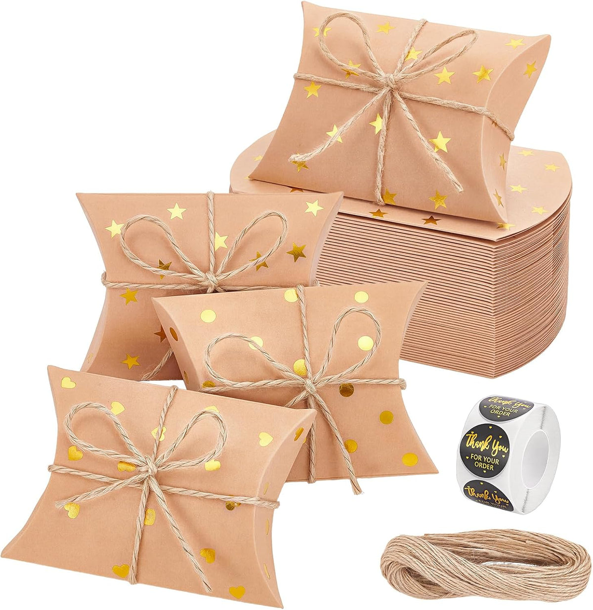 300Pcs Small Gift Pillow Boxes, 3.6x2.5x1Inch Pillow Gift Boxes Foldable Gift Box with Hemp Cord and Paper Stickers