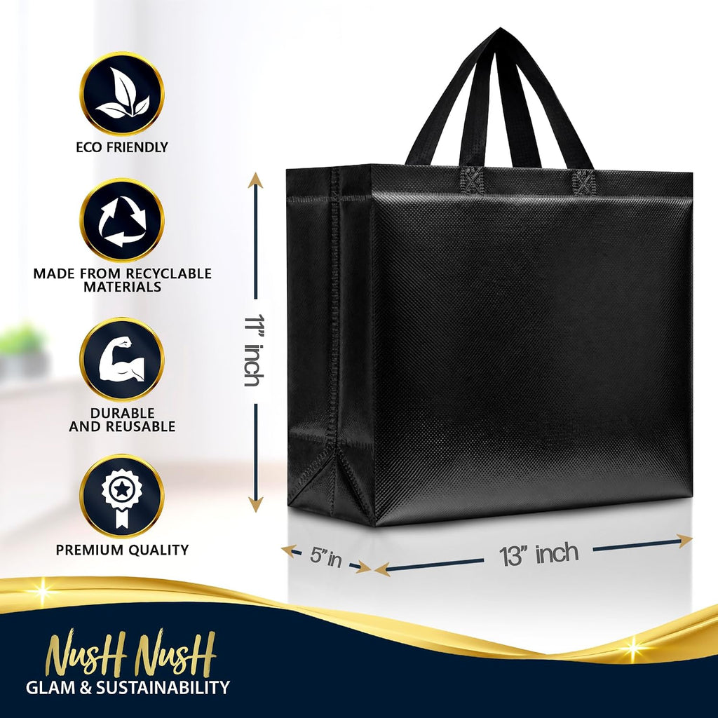 Bulk Set of 60 Reusable Large Black Gift Bags with Handles