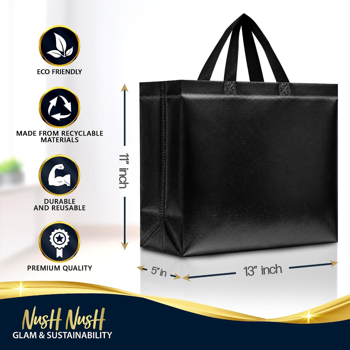 Bulk Set of 60 Reusable Large Black Gift Bags with Handles