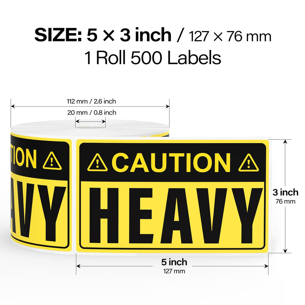 500 Pcs Caution Heavy Stickers 5" × 3" Shipping Warning Labels
