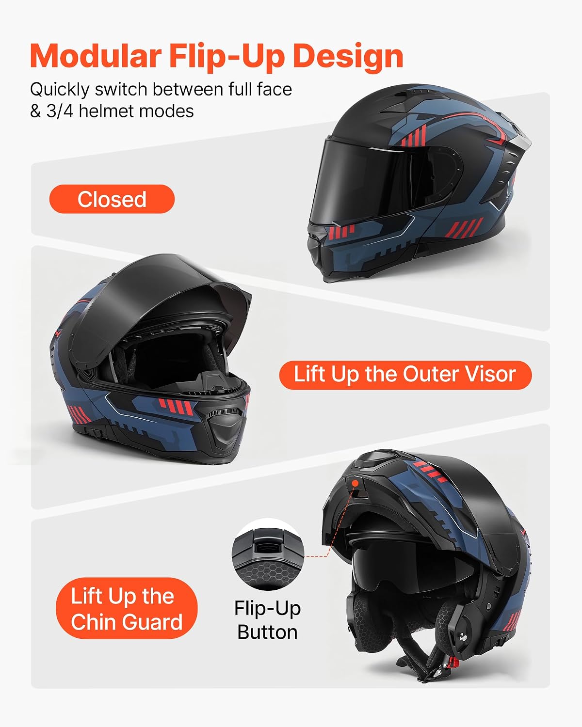 Motorcycle Helmet DOT Approved, Adult Motocross Dirt Bike Helmet with Large Clear Visor, Comfortable Motorbike Racing