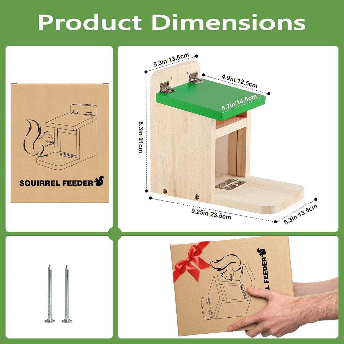 Squirrel Feeders for Outside Garden, Wooden Squirrel Feeder Box,Squirrel Feeding Stations with Green Cover, Easy to