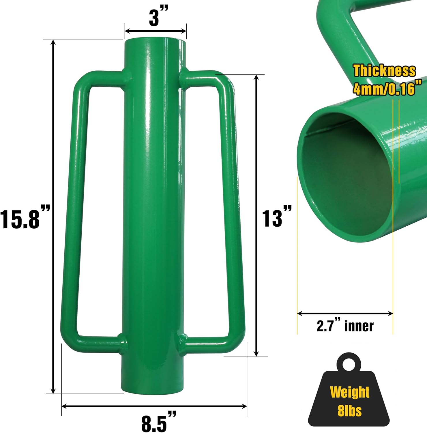 Fence Post Driver, Heavy Duty Hand Post Pounder with Handle - Use for Metal U Posts, T Posts, Garden Fence (8 LBS)