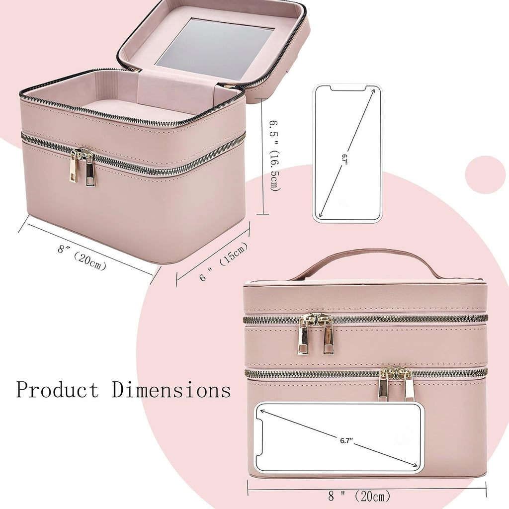 Hard Makeup Case Travel Double Layer with Mirror PU Leather for Women | Organized Storage Boxes, Sturdy & Protective