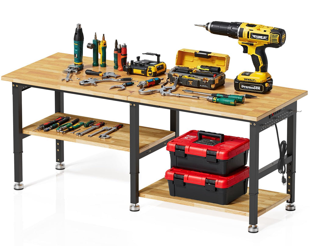 72”Heavy Duty Work Bench, 2-Layer Adjustable Workbench, 5000 LBS Capacity Work Bench with Power Outlet & Pegboard
