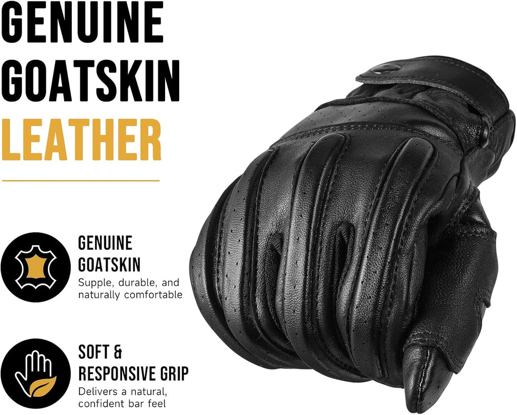 Leather Motorcycle Gloves for Men，Goatskin Riding Touchscreen | Perforated Breathable Summer Gloves for