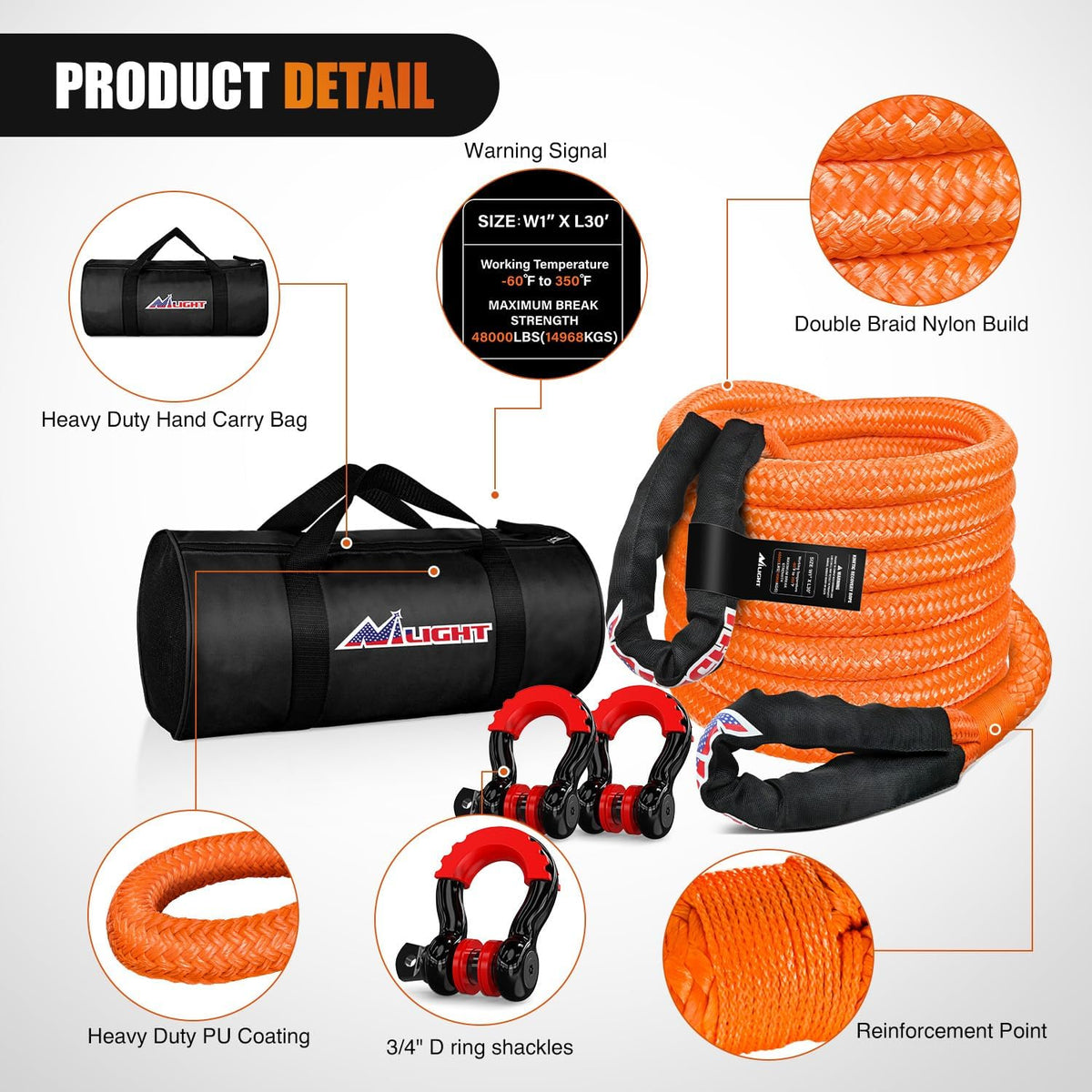 Kinetic Recovery Rope Kit with D-Ring Shackle Towing Strap