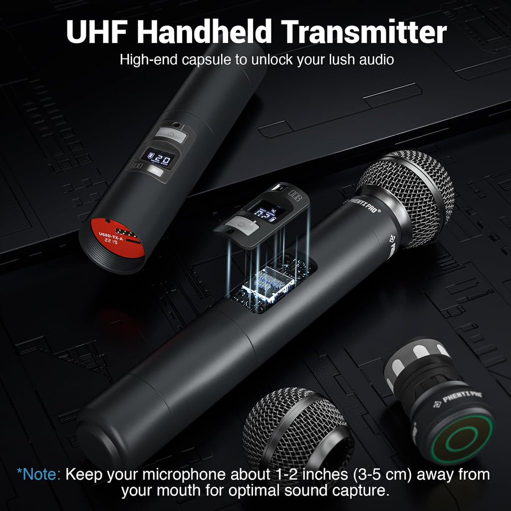 Dual UHF Auto Scan Handheld Wireless Microphone System PTU-71-2H | 2 Dynamic Mics, 2 x 100 Frequencies, 328 ft Range