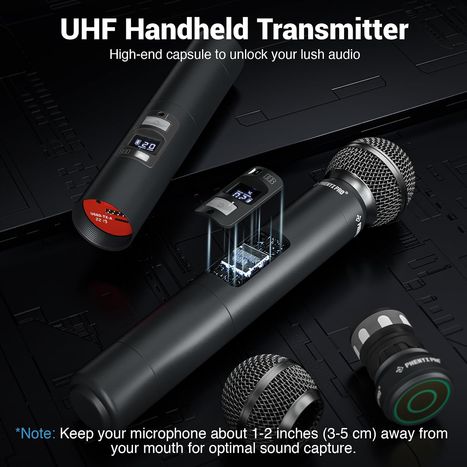 Dual UHF Auto Scan Handheld Wireless Microphone System PTU-71-2H | 2 Dynamic Mics, 2 x 100 Frequencies, 328 ft Range