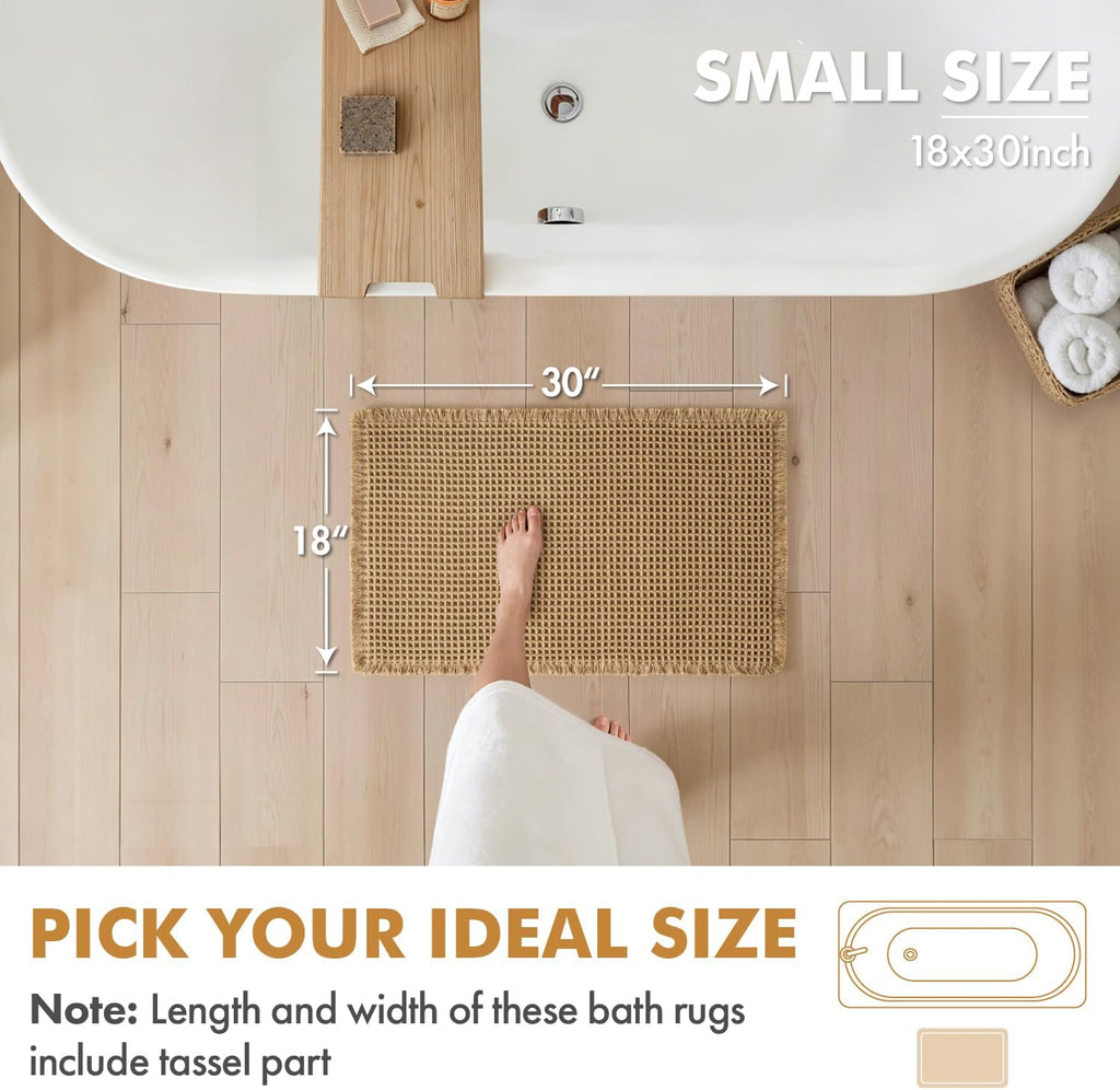 Set of 2 Waffle Bathroom Rugs Boho Bath Mat Brown 18x30 Inch | Non Slip, Super Absorbent, Washable, Ultra Soft