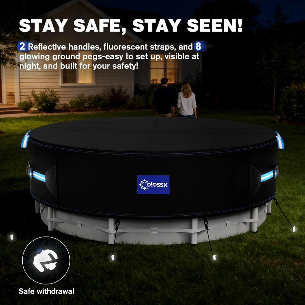 21 Ft Round Pool Cover with Reflective Strips, 600D Swimming Pool Cover for Above Ground Pools, Solar Cover with