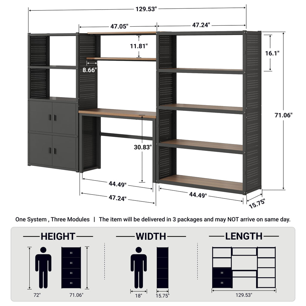 129"L Modular Garage Storage Cabinet with Workbench, Black