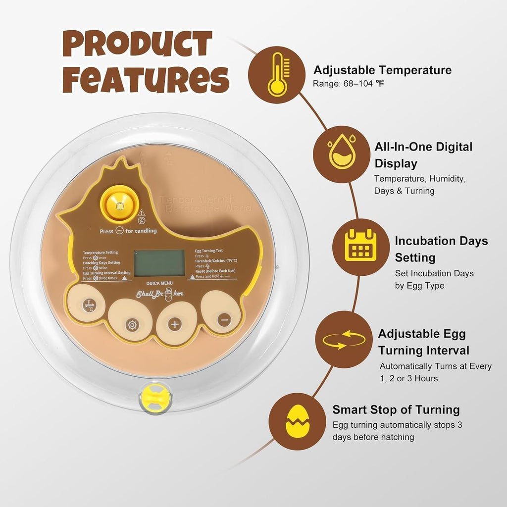 Series III-18 Egg Automatic Incubator with Smart Dual-Bottle Adaptive Humidity & Stable Temp Control, Adjustable Auto