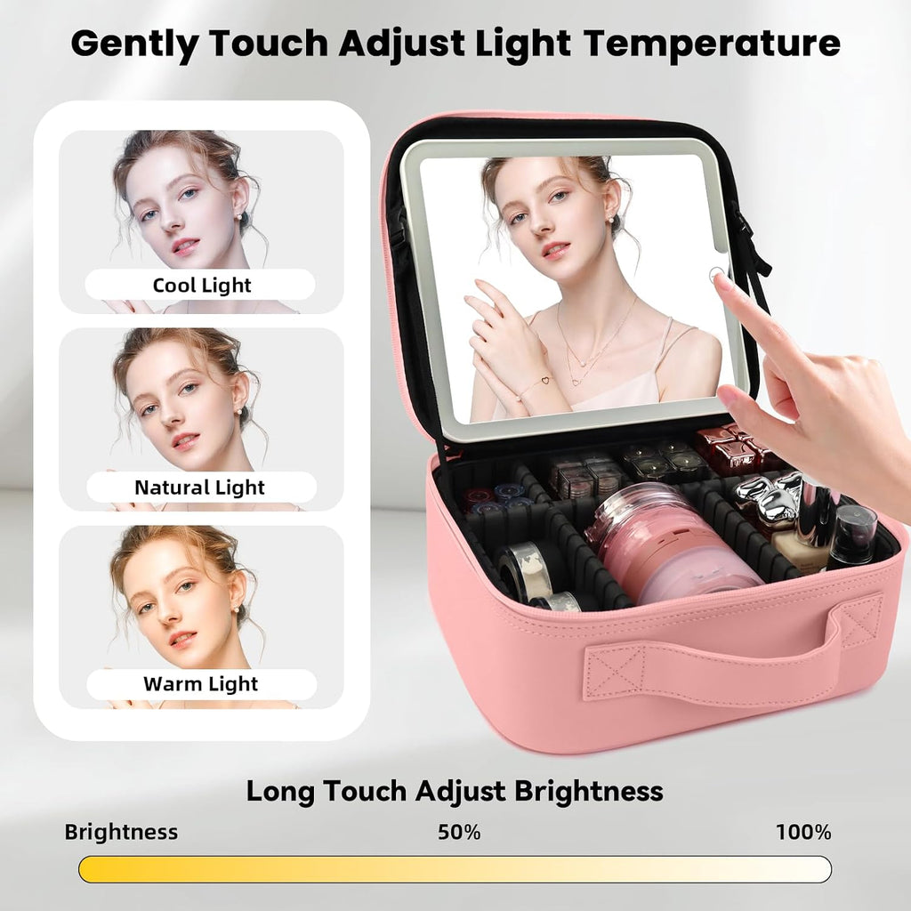 Makeup Bag with Mirror,Portability Cosmetic Case Portable Cosmetic Brush Organizer Bag with Adjustable Dividers,Gift