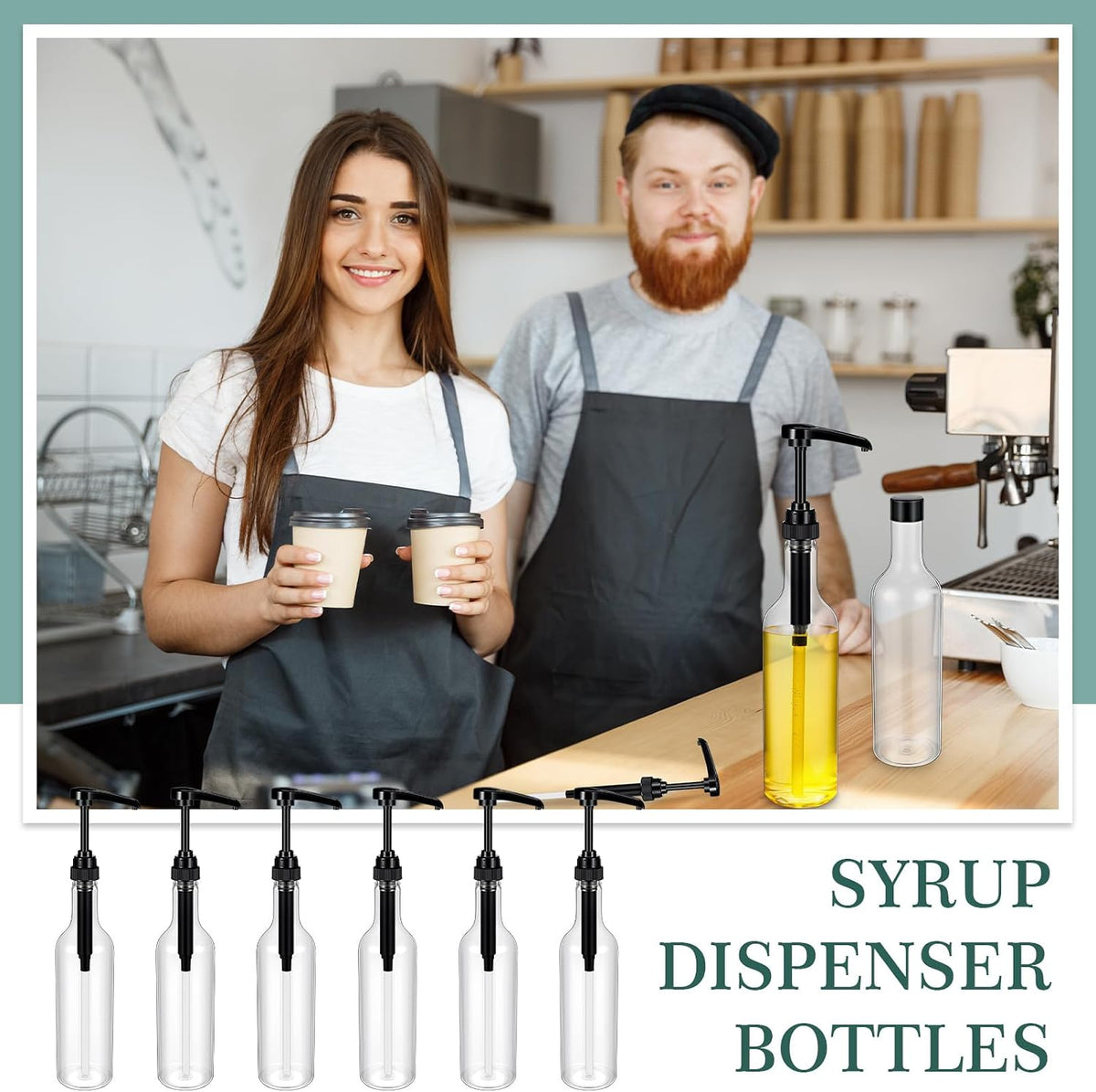 6 Pcs 25 oz Plastic Syrup Bottles with Pump Syrup Dispenser, Black