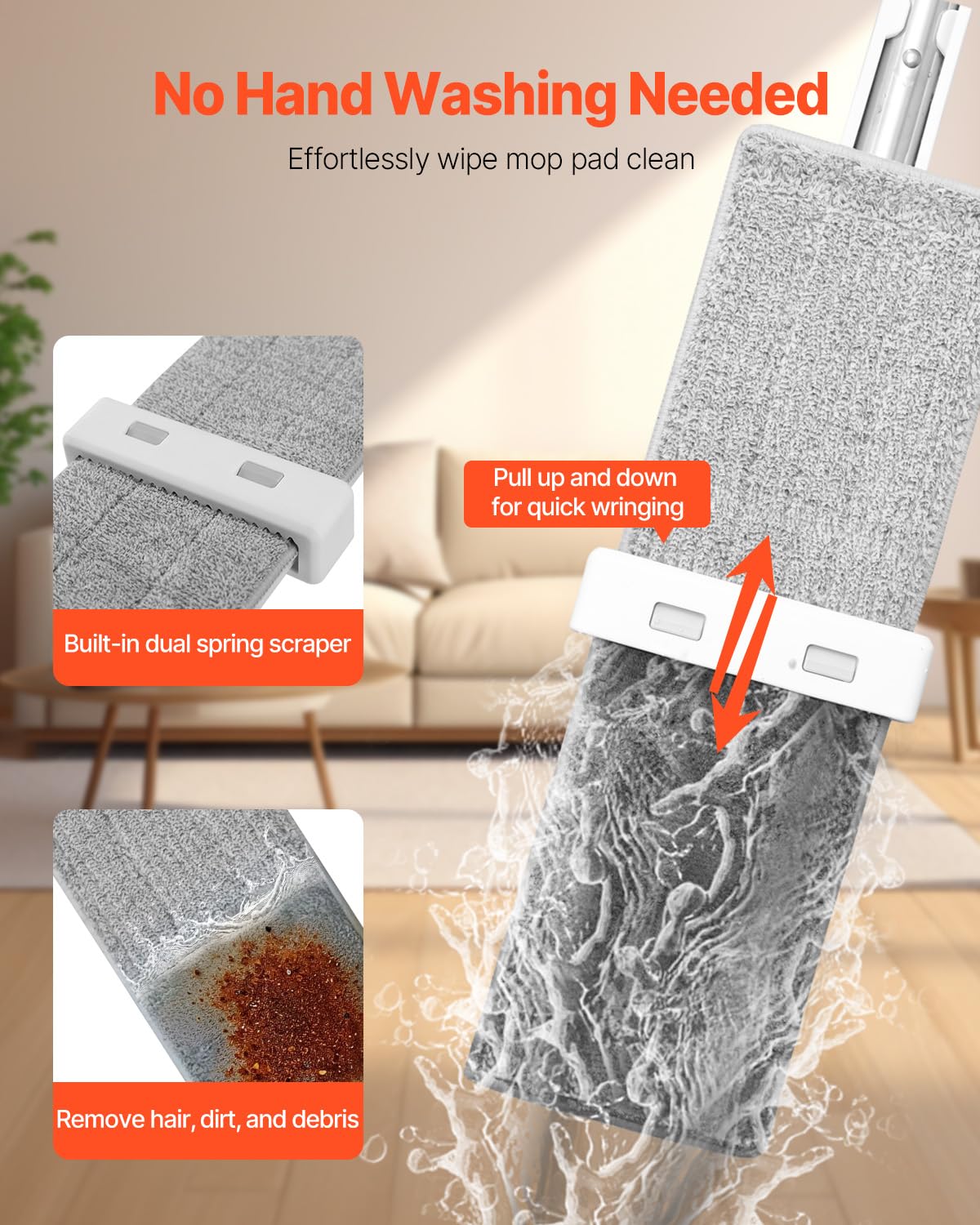 Flat Mop, Self Wringing, Microfiber Floor Cleaner with 4 Reusable & Washable Pads for Dry & Wet Floor Cleaning