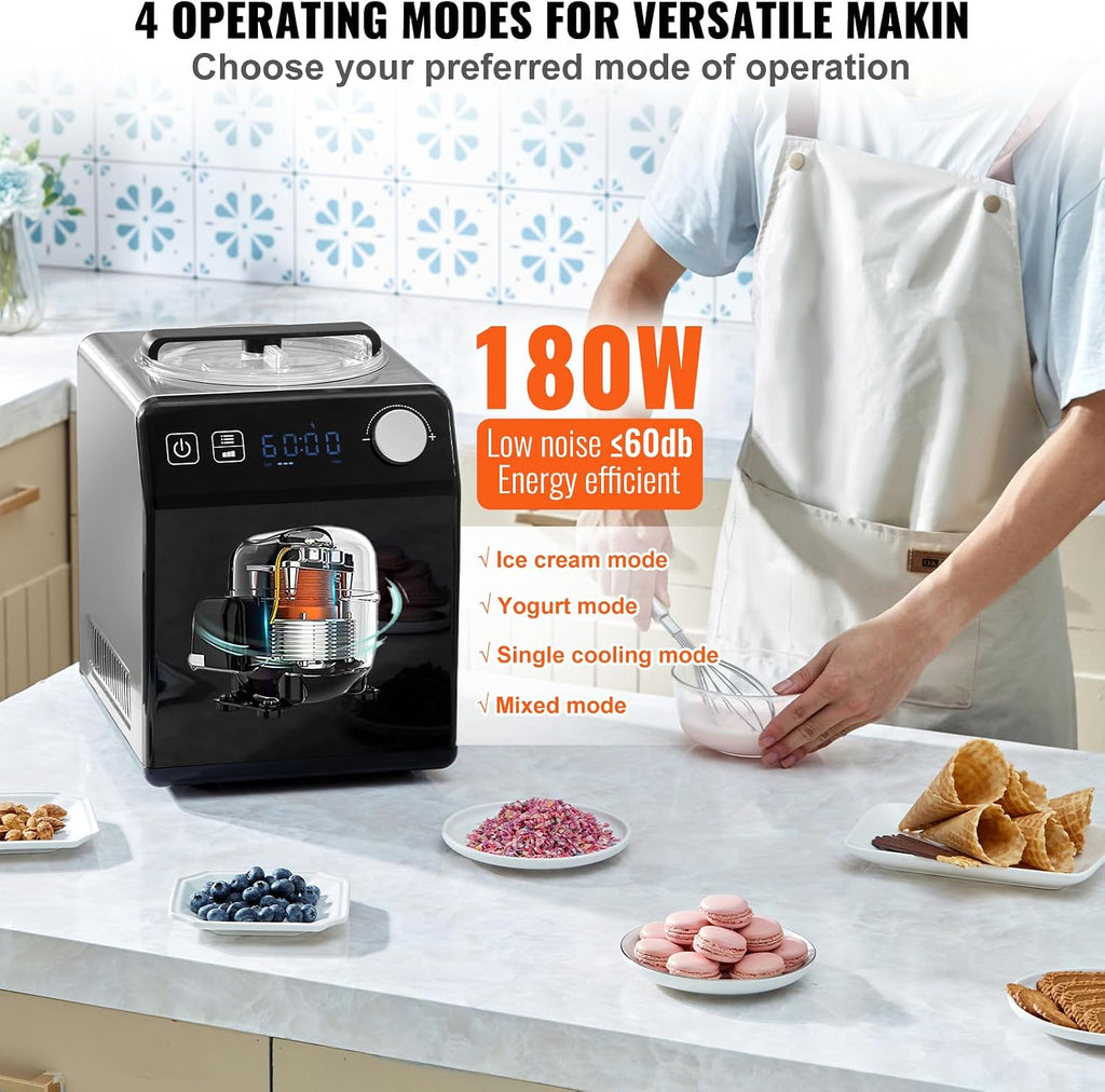 Upright Automatic Ice Cream Maker with Built-in Compressor, 2 Quart No Pre-freezing Fruit Yogurt Machine, Stainless