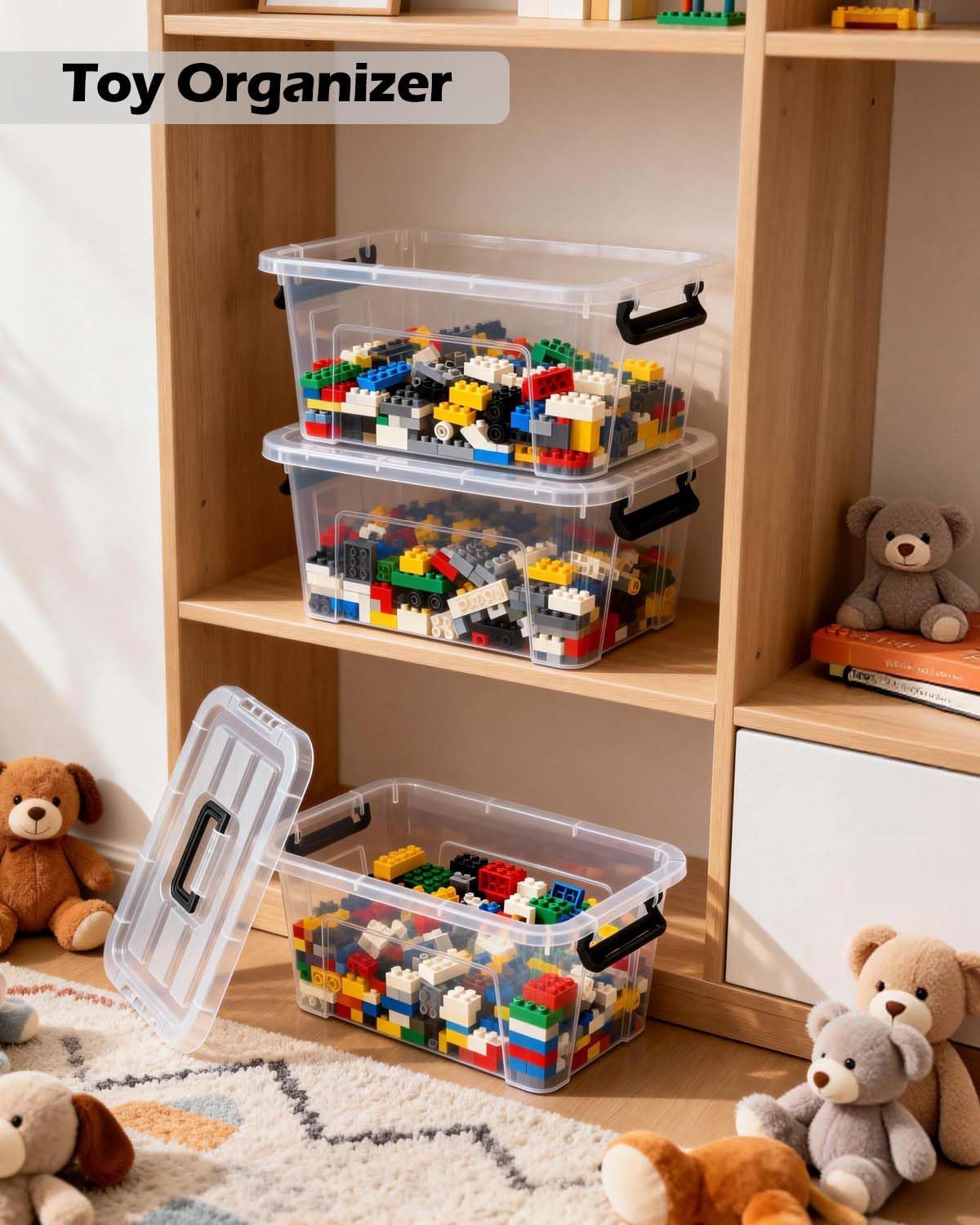 Plastic Storage Bins with Lids 6 Pack Storage Organizer, 7 Quart Stackable Storage Boxes with Buckle Lids and Handle