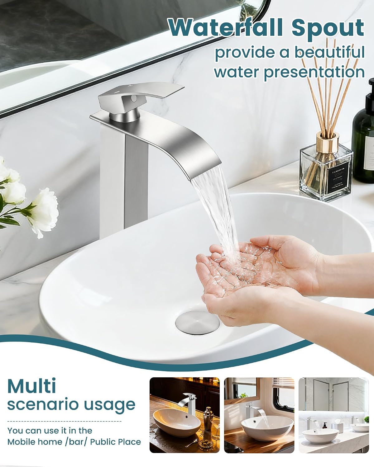 Brushed Nickel Bathroom Faucet 1 Hole Waterfall Vessel Sink Faucet