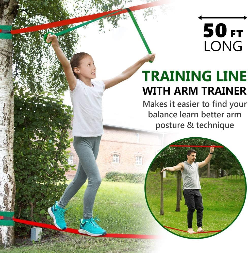 Ninja Warrior Obstacle Course for Kids Backyard - 2×50ft Slackline Kit with 10 Most Complete Accessories for Boys &