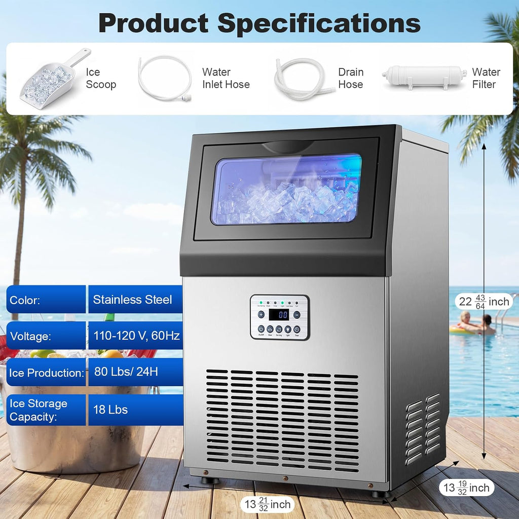 Commercial Ice Maker, 80 Lbs/24H Under Counter Ice Machine