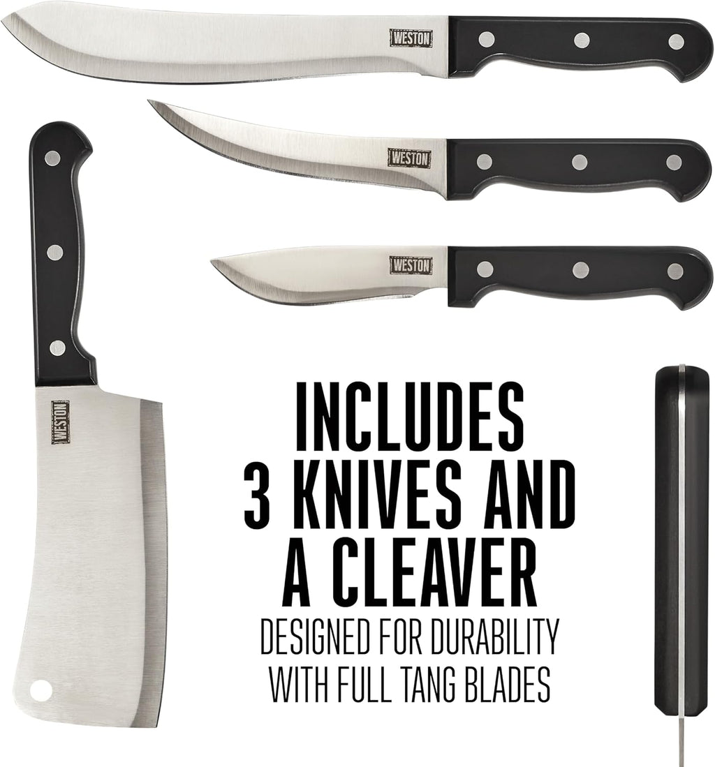 10-Piece Game Processing Knife Kit, 8" Butcher, 6" Cleaver, 5.3" Fillet, and 4.2" Skinning Knives, Adjustable 12.25"
