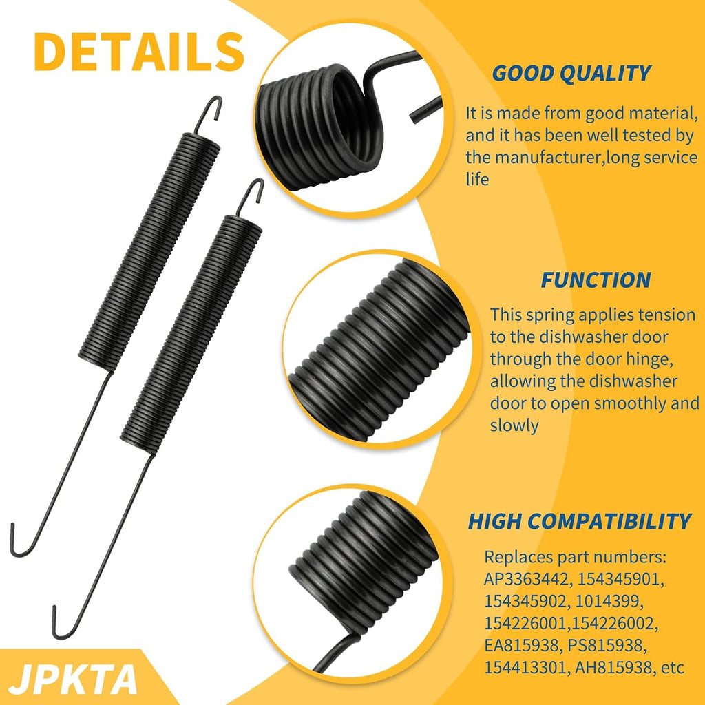 2 Pcs 154430501 Dishwasher Door Spring Replacement Part by JPKTA Compatible with Frigidaire Kenmore Westinghouse Crosley Tappan Gibson Kelvinator Uni Dishwashers - Repalces 154345901 AP3363442 1014399