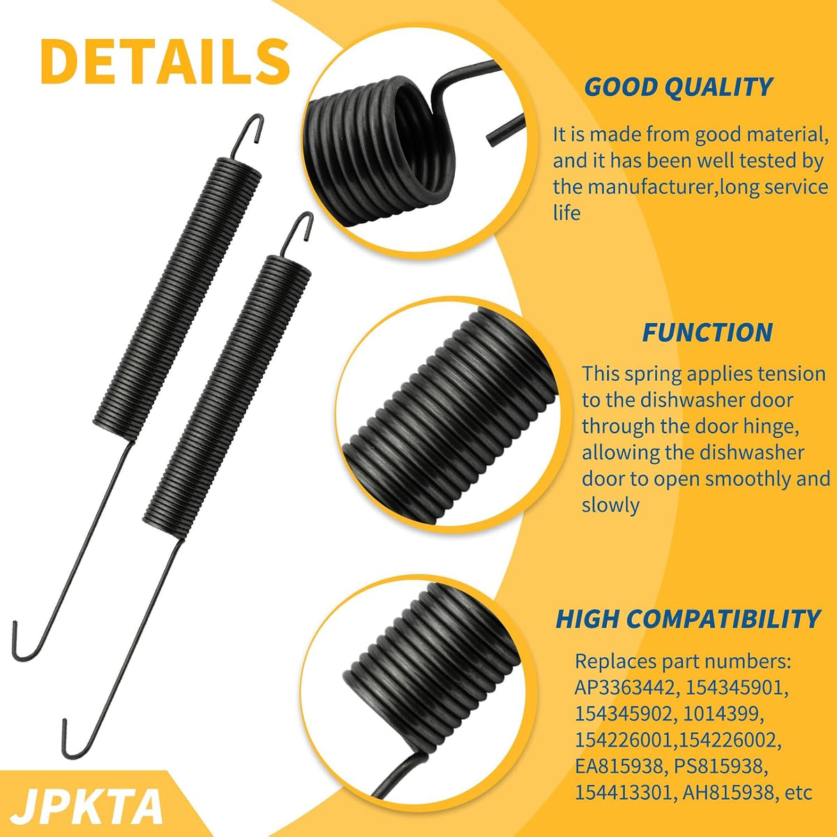 2 Pcs 154430501 Dishwasher Door Spring Replacement Part by JPKTA Compatible with Frigidaire Kenmore Westinghouse Crosley Tappan Gibson Kelvinator Uni Dishwashers - Repalces 154345901 AP3363442 1014399