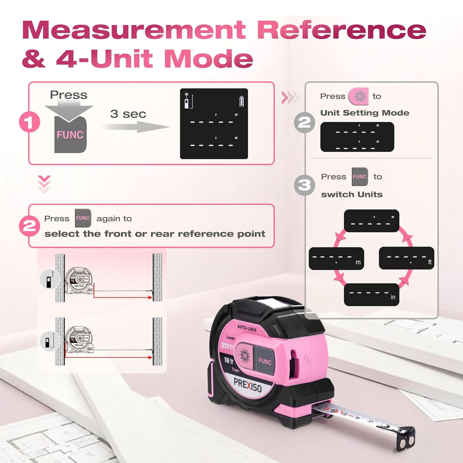 2-in-1 Laser Tape Measure- 215Ft Laser Measuring Tool & 16Ft Measuring Tape with Auto Lock & Magnetic Hook - Laser