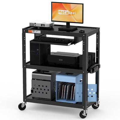 Extra-Large 3-Tier Utility Cart with Built-in Power Strip – Heavy-Duty 14-Gauge Steel Rolling Cart for Office