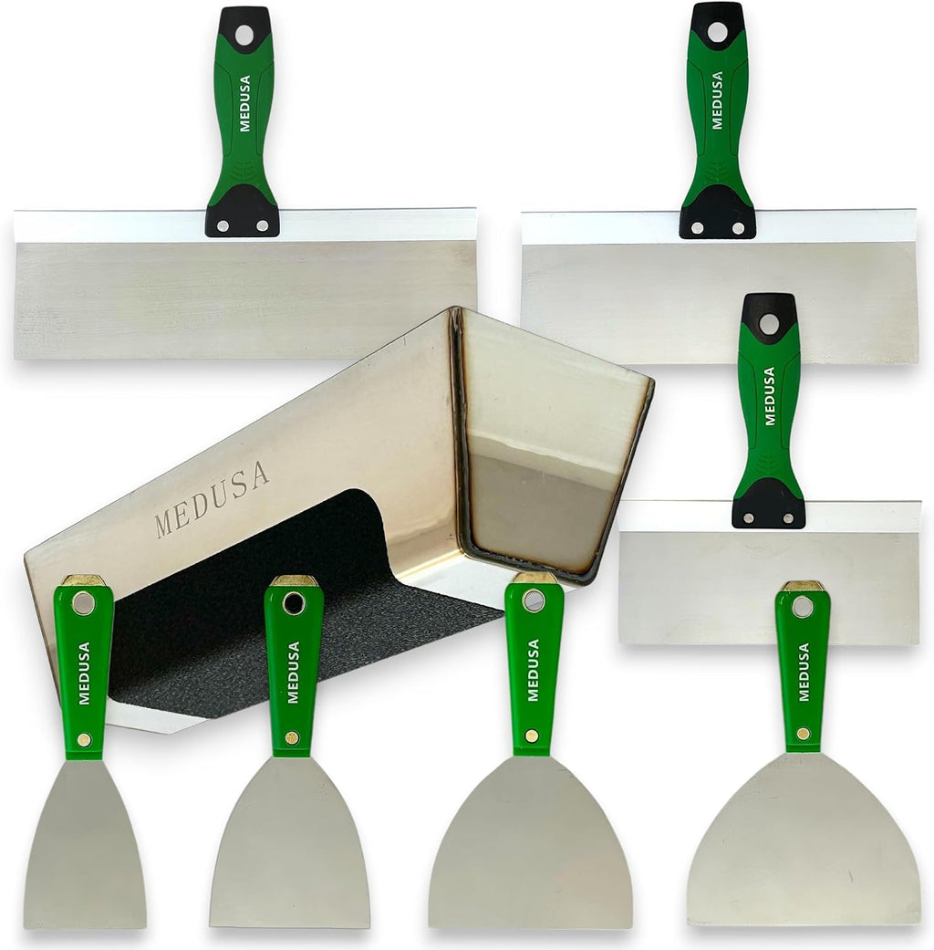 's Flexible Stainless Steel Drywall Taping Knife Set with 12" Mud Pan and Grip: Classic Style Light Weight Handles