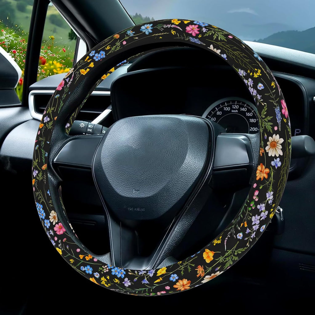 Wildflower Car Steering Wheel Cover, Flower Car Accessory for Diverse Cars, Cute Floral Print Steering Wheel Cover