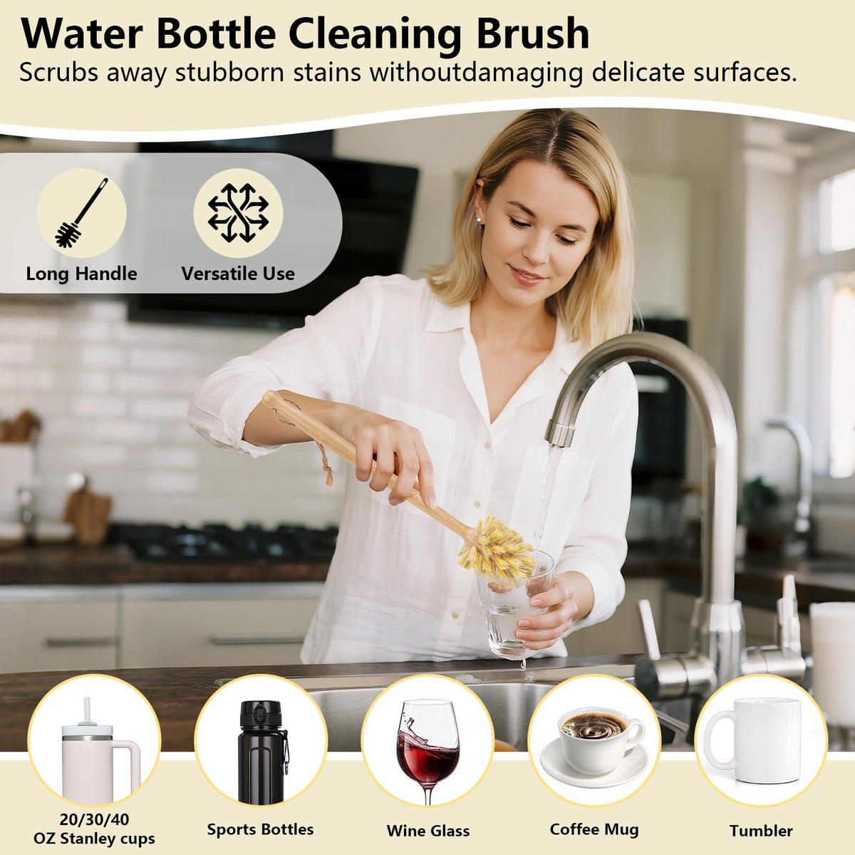 5 Pack Bamboo Dish Brush Set with 14’’ Bottle Brush