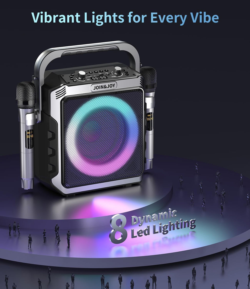 Portable Karaoke Machine, with 2 Wireless Microphones & LED Lights | Bluetooth Party Speaker with Loud Subwoofer