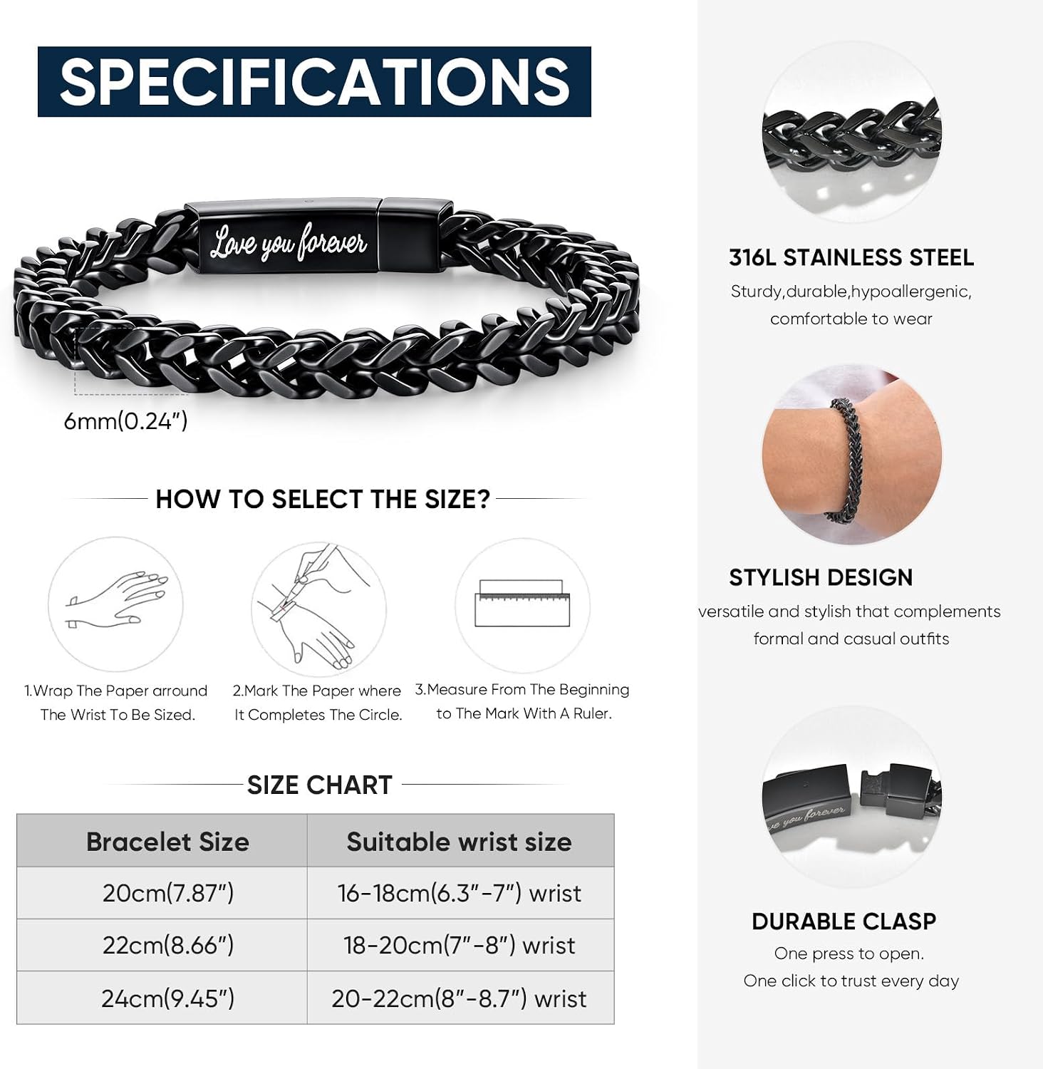 Black Chain Bracelets for Men : Stainless Steel Franco Chains Love you Forever Engraved Link Men's Bracelet to Son