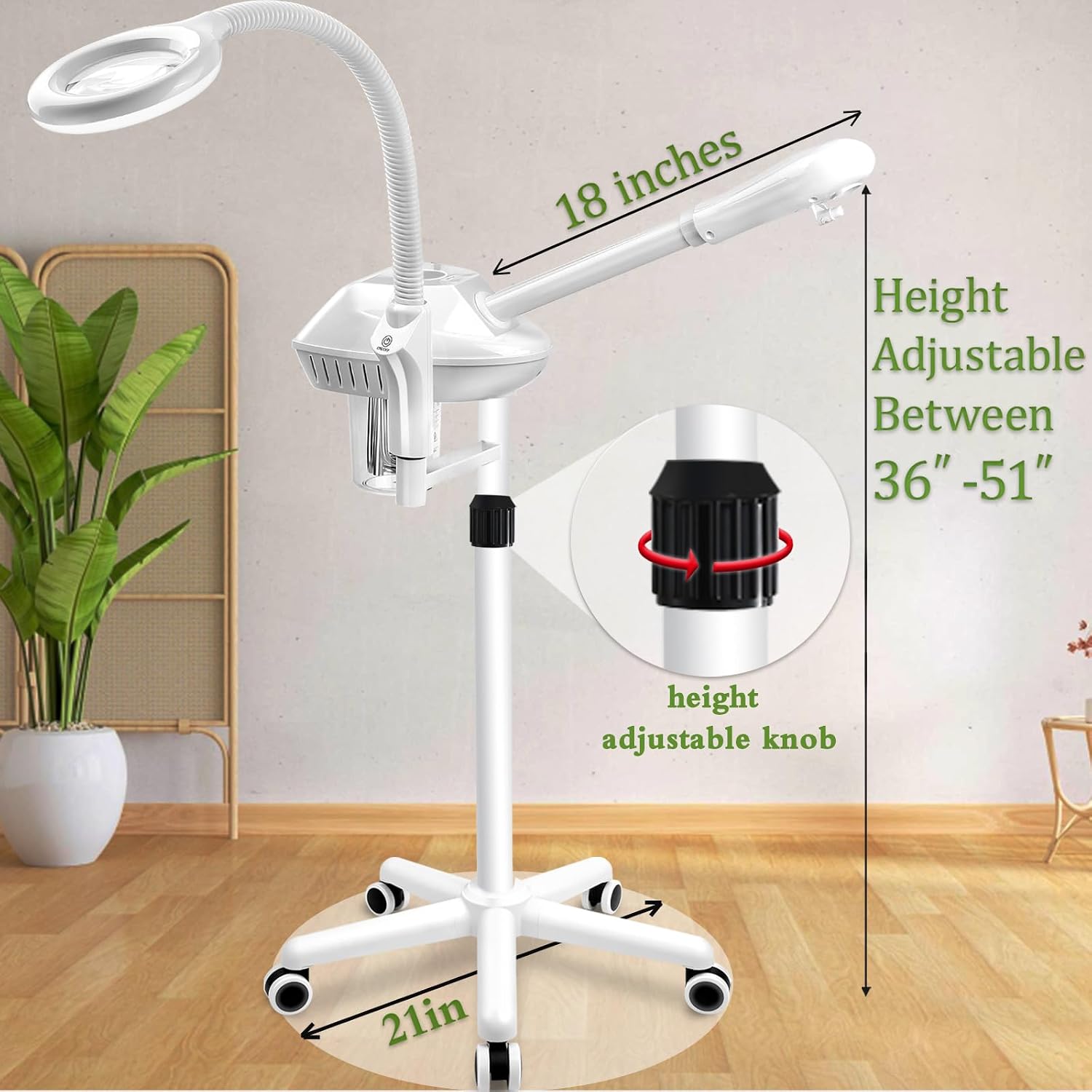 Professional Facial Steamer with 5X Magnifying Lamp,White | Ozone face steamer on wheels,deep cleansing and hydration