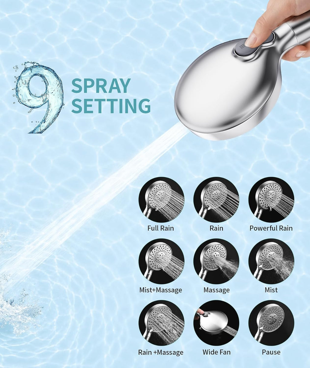 Filtered Shower Head with Handheld High Pressure 9 Spray Mode Showerhead Detachable Shower Head Water Softener