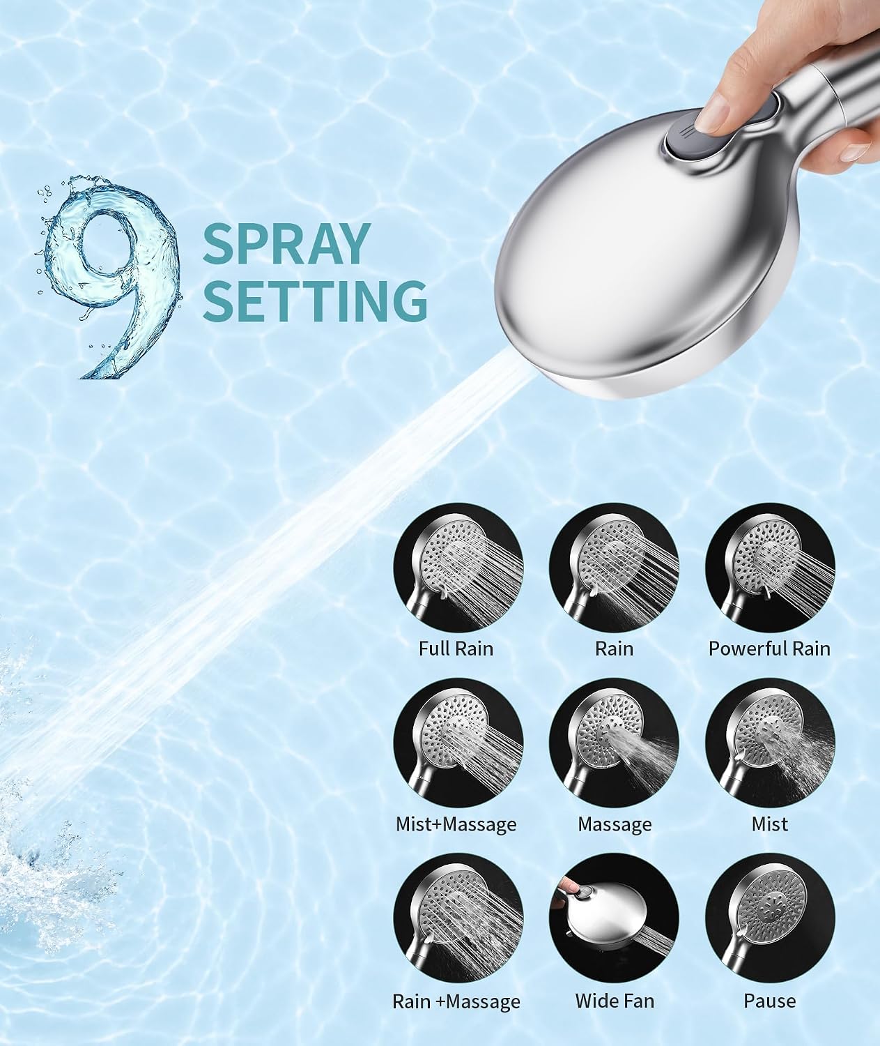 Filtered Shower Head with Handheld High Pressure 9 Spray Mode Showerhead Detachable Shower Head Water Softener