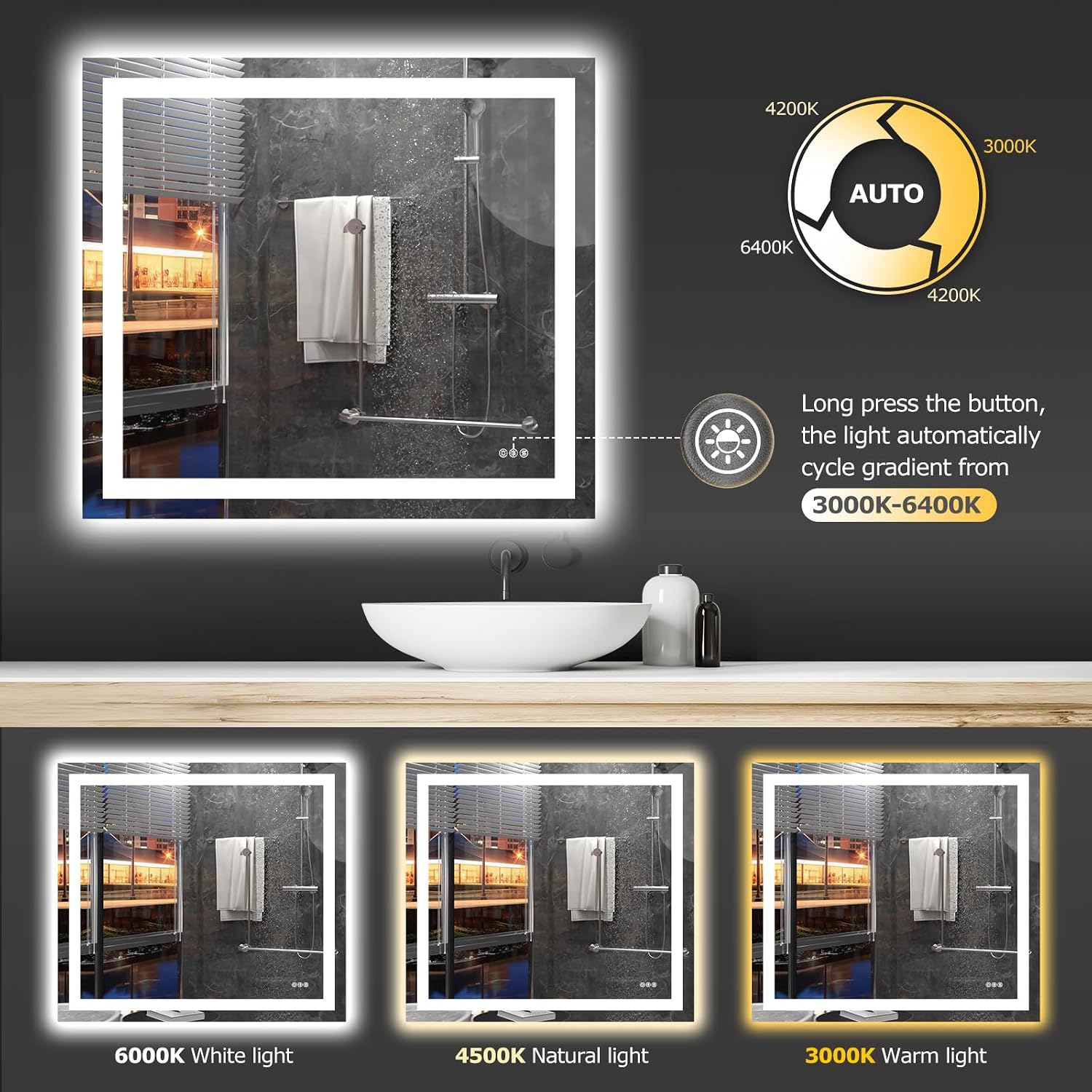 40"X36" LED Bathroom Mirror with Lights, Anti-Fog, Dimmable, Backlit + Front Lit, Smart Bathroom Vanity Mirror